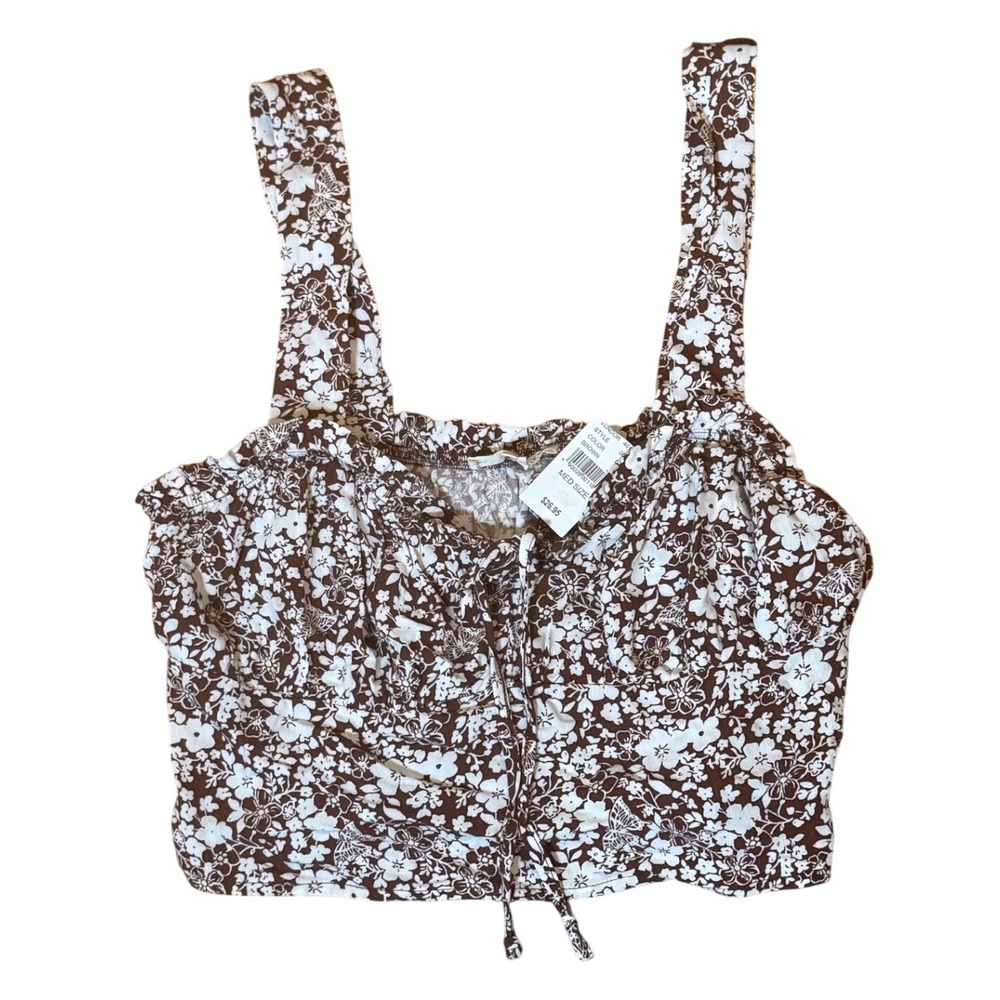 LA Hearts Brown‎ Floral Smocked Crop Top Tank Tie Front Romantic Medium